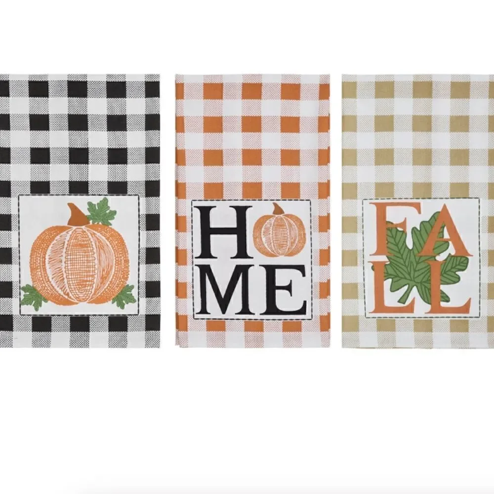 Farmhouse Buffalo Plaid Pumpkin Cotton Tea Towel Set Fall Autumn Cottagecore